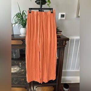 Joie Orange Satin Plisse Crinkle High Waist Wide Leg Pants